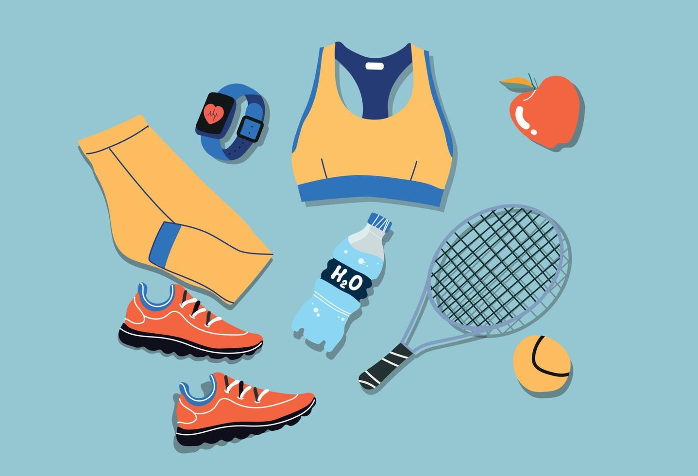 ein einstellen von Damen Sportbekleidung, Sport Ausrüstung zum Tennis. Sportbekleidung, Tennis Schläger, Ball, Fitness Tracker, Turnschuhe, Wasser, Apfel, Mode, eben skizzieren Vorlage, Fitness. vektor