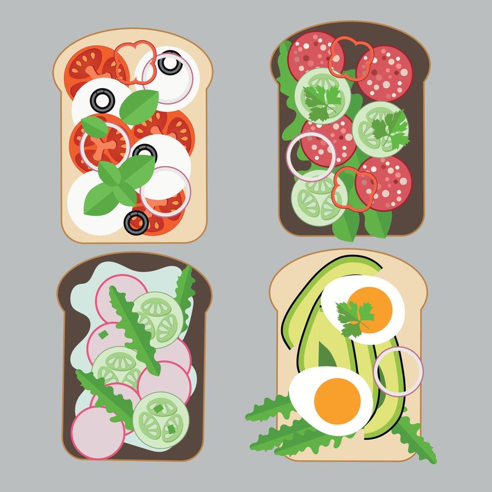 mat illustration. smörgåsar fylld med gurkor, avokado, tomater, mozzarella ost och jordnöt Smör. rostat bröd med ägg och örter. vektor