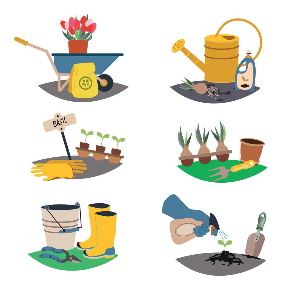 einstellen von isoliert Garten Design Kompositionen von farbig dekorativ Symbole mit Handwagen Bewässerung können Gummi Stiefel Inventar zum Landwirtschaft Arbeit eben Vektor Illustration