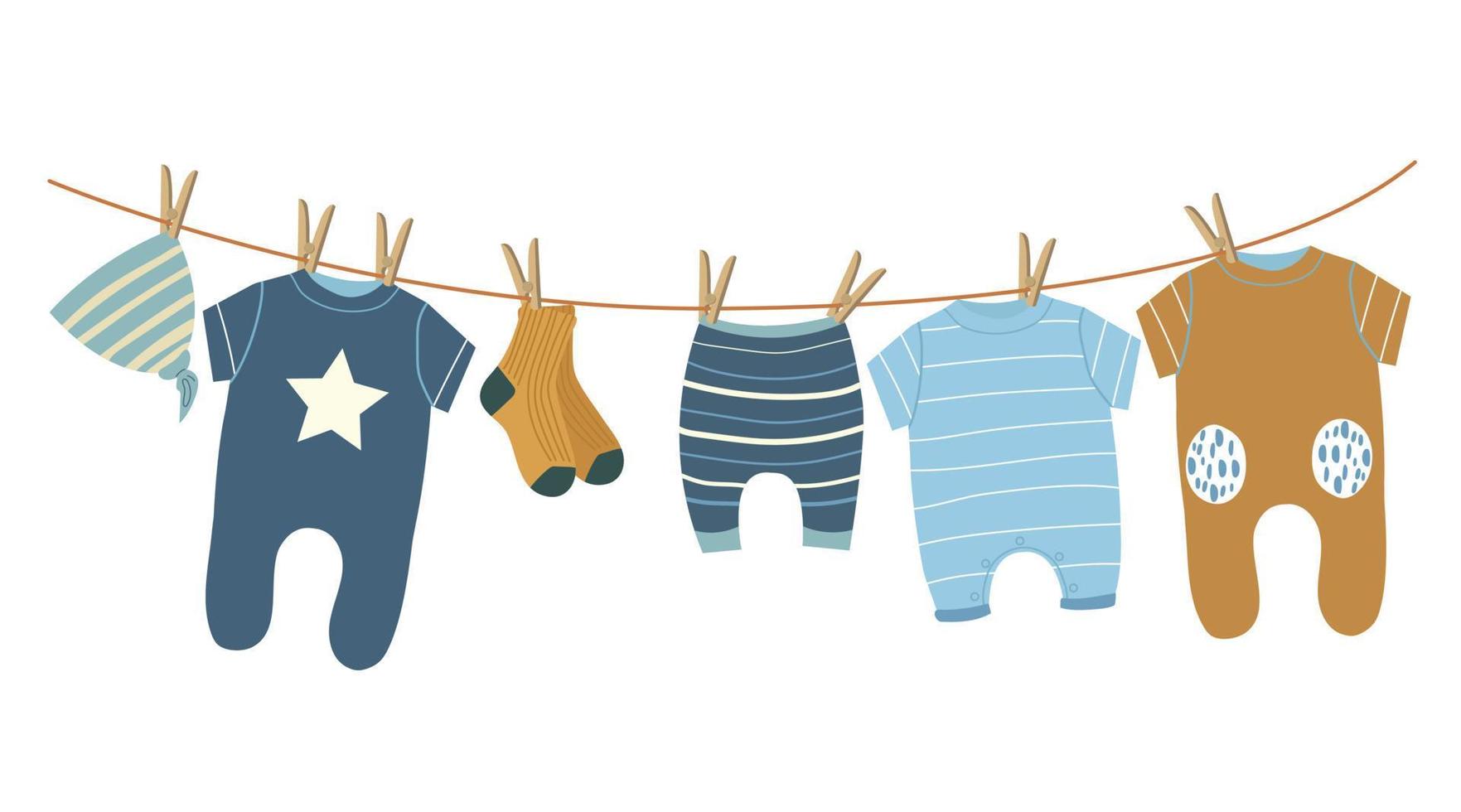Kinder- Kleider trocken auf ein Seil. Kleidung zum Babys. Körper, Overall, zum Jungen. einstellen von Kleider Symbole im eben Stil isoliert auf Weiß Hintergrund. isoliert Objekte. vektor