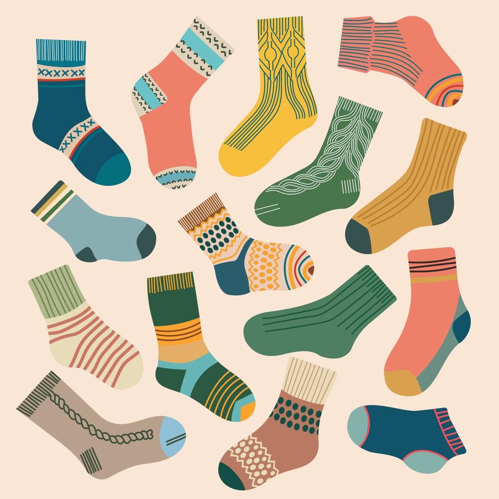 Socken einstellen anders Farben und Größen gestrickt eben Design Vektor illustration.trendy Socken. stilvoll Wolle und Baumwolle Socke Design mit Textur und Muster.