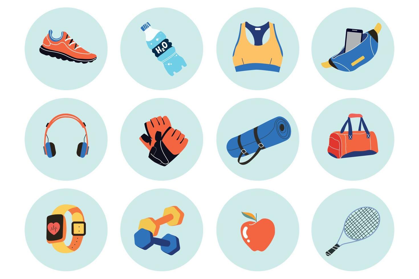 Symbole von verschiedene Sport Ausrüstung. Fitness Ausrüstung, Fitnessstudio Zubehör. Hanteln, Fitness Tracker, Sport Tasche, Schuhe, Matte, Handschuhe, Tennis Schläger. das Konzept von ein gesund Lebensstil. Hand gezeichnet Vektor