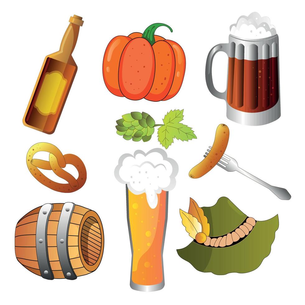 Oktoberfest Bier Festival Symbole Satz. Kürbis, Bier, gegrillt Würstchen auf Gabel, hüpfen, Hut, Fass, Becher, Glas mit Bier. Vektor Illustration.