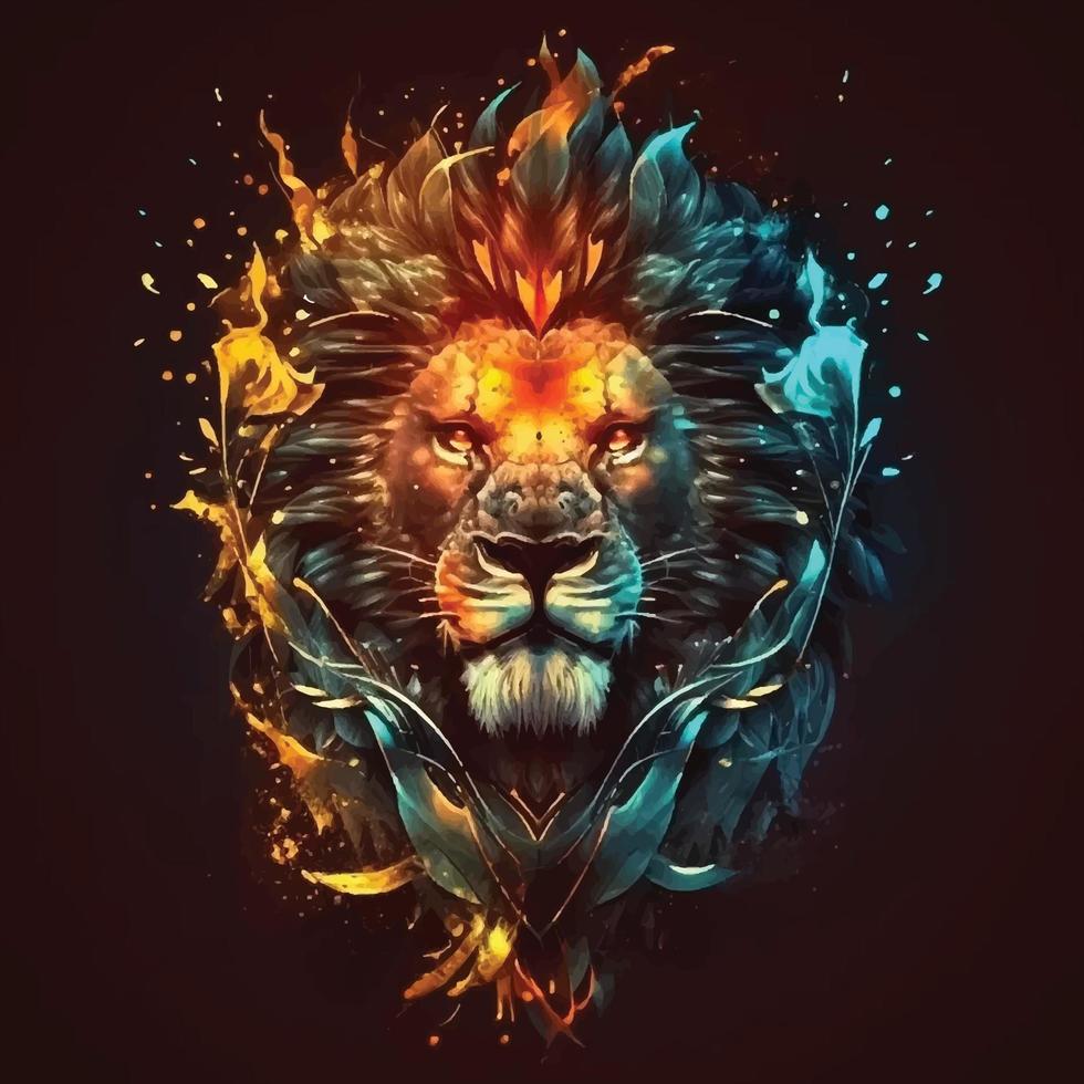 Löwe Gesicht Aquarell bunt Vektor Illustration, künstlerisch, Neon- Farbe, abstrakt Porträt von ein Löwe Gesicht auf ein dunkel Blau Hintergrund mit Aquarell.