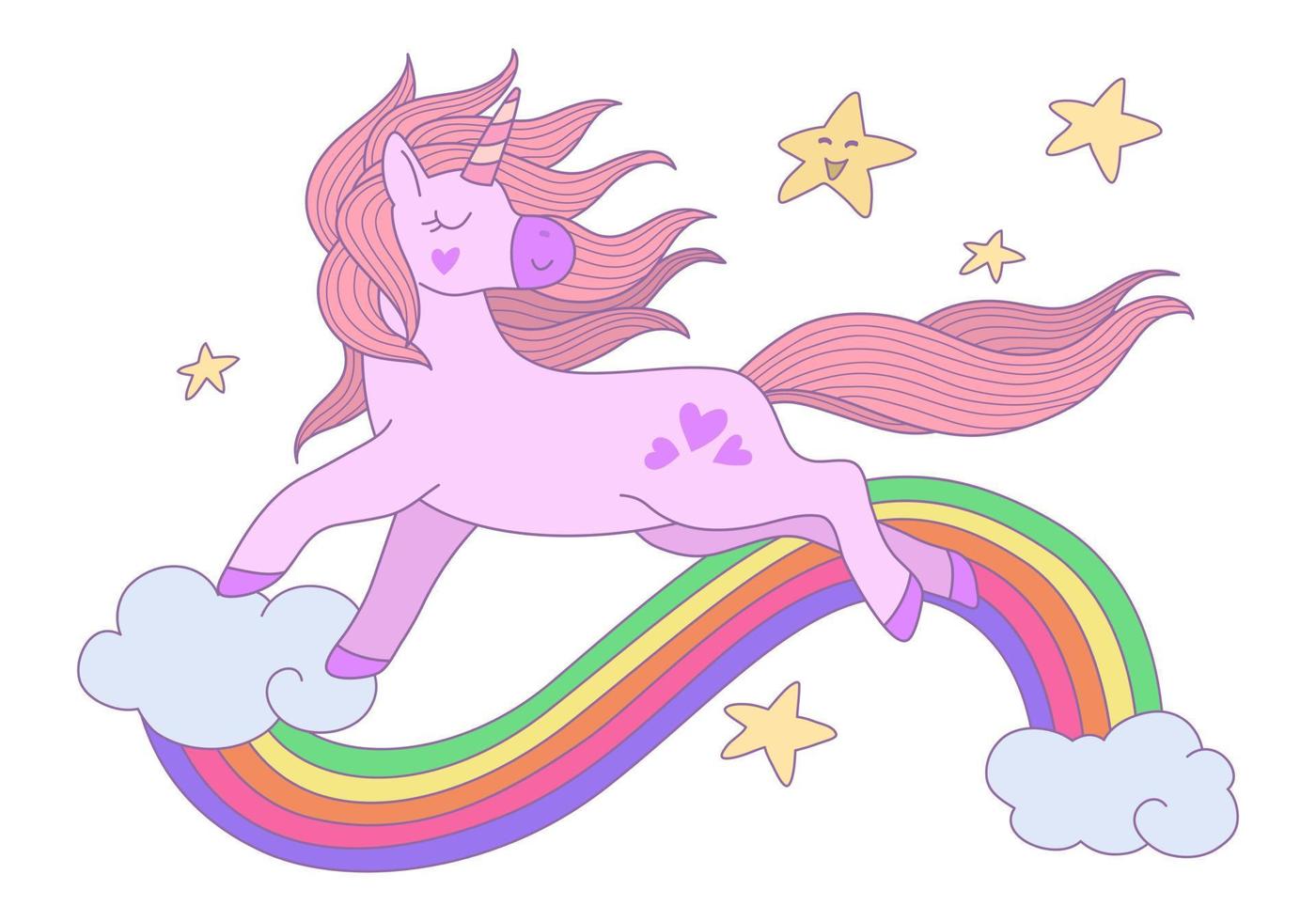 süß Einhorn Laufen auf Wolken mit Regenbogen und Star im das Himmel. Vektor Design Illustration.