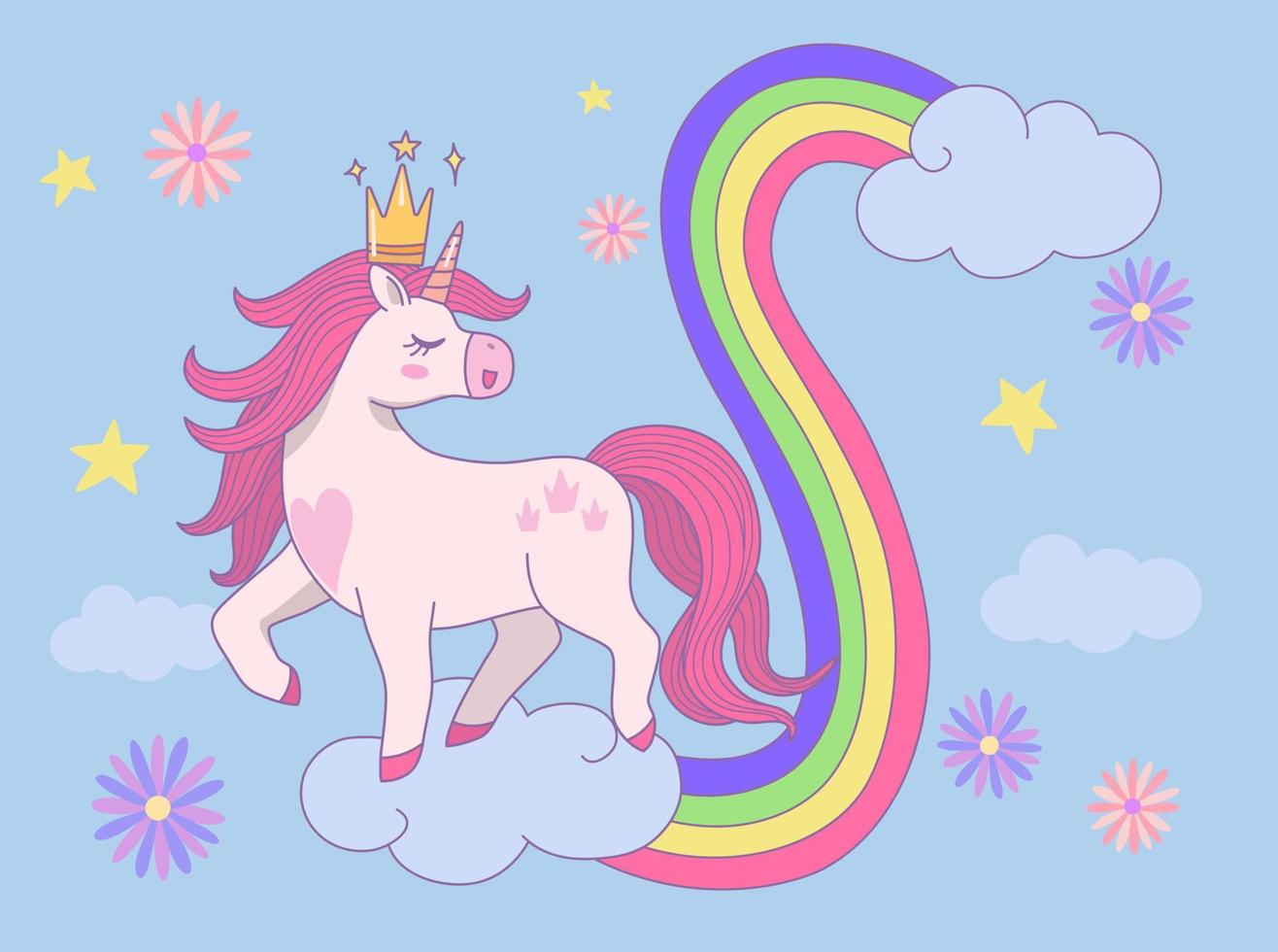 söt prinsessa enhörning bär en krona gående på moln med regnbåge vektor