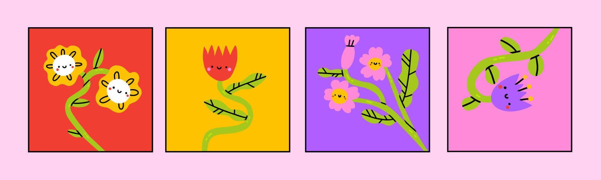 abstrakt einfach Pflanzen und Blumen mit Augen. Hand gezeichnet farbig Vektor Satz. Blumen- Design, naiv Kunst, infantil Stil Kunst. bunt modisch Illustration. vorgefertigt Karten oder druckt