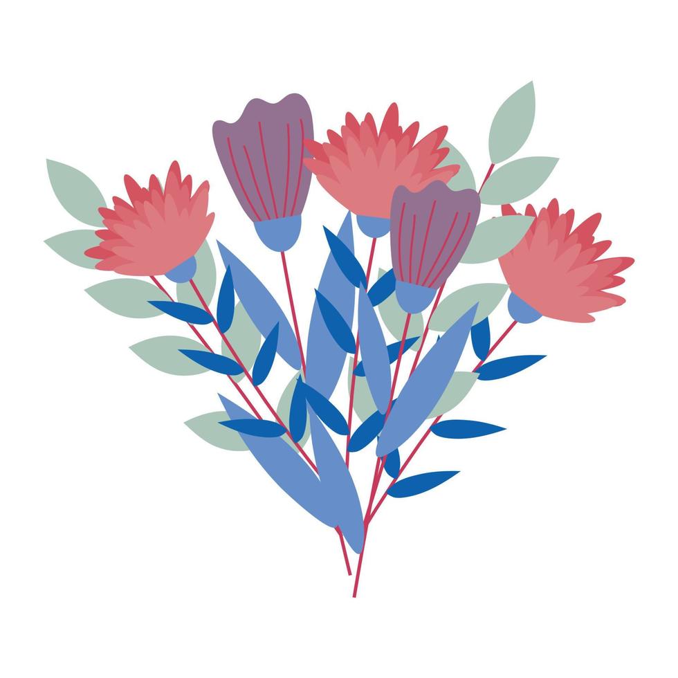 Vektor Strauß mit Rosa Blumen, Pfingstrosen, Blau und Grün Blätter mit Stängel auf ein Weiß Hintergrund.