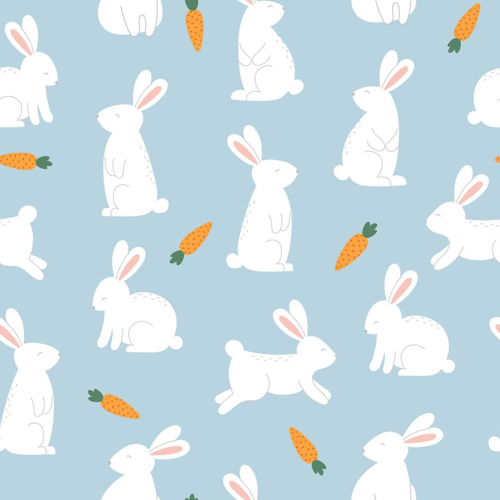 sömlös mönster med söt kaniner och morötter på blå bakgrund. mall för påsk dekor, inbjudan, kort. vektor
