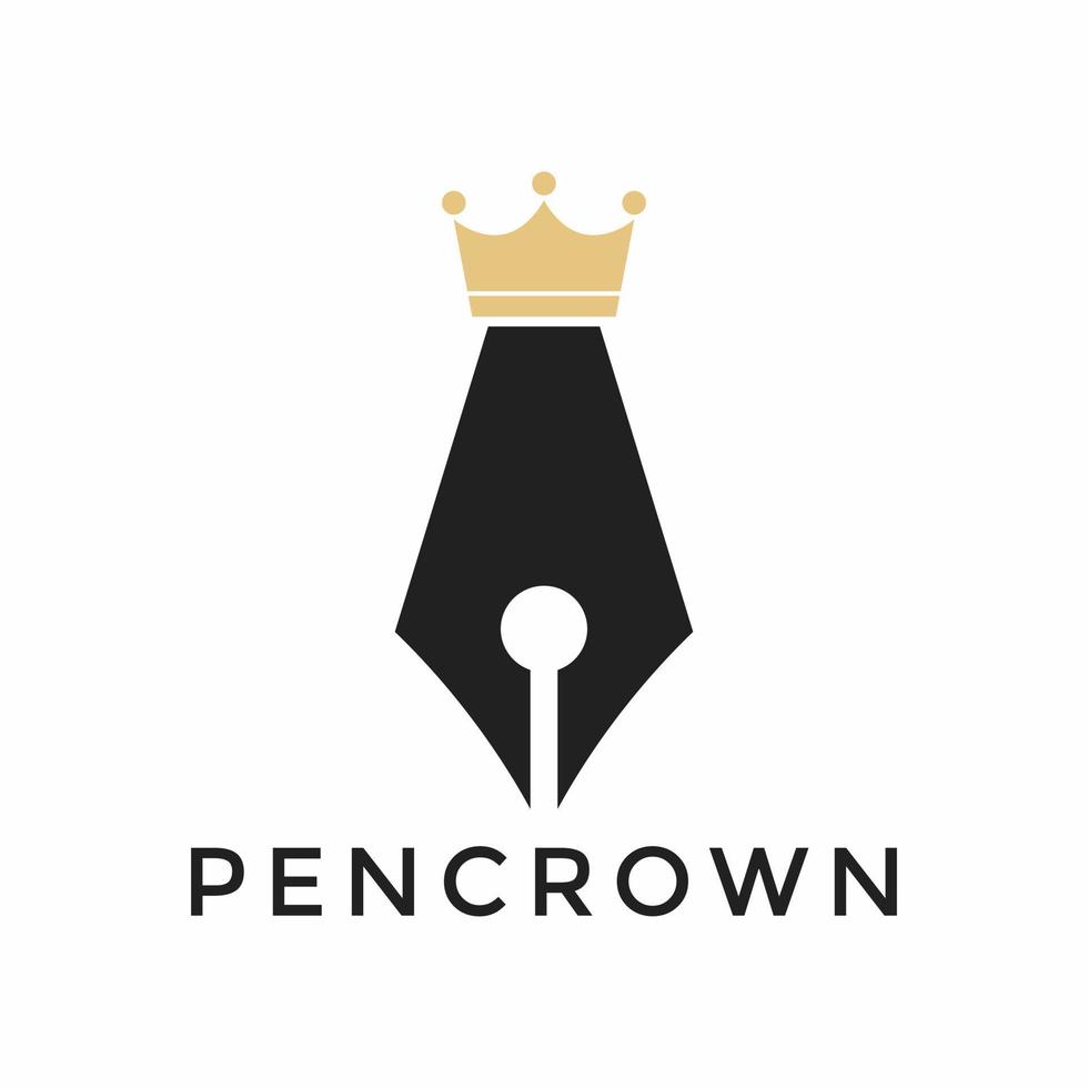 gyllene penna spets eller penna dricks med en krona på de topp för kunglig konst logotyp vektor
