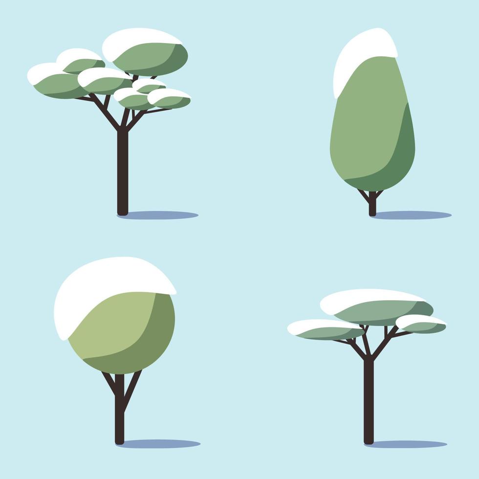 ein einstellen von Grün schneebedeckt laubabwerfend Bäume mit Schatten. Design Element zum Natur Logo oder Banner. Vektor Illustration im das eben Stil auf ein Blau Hintergrund.