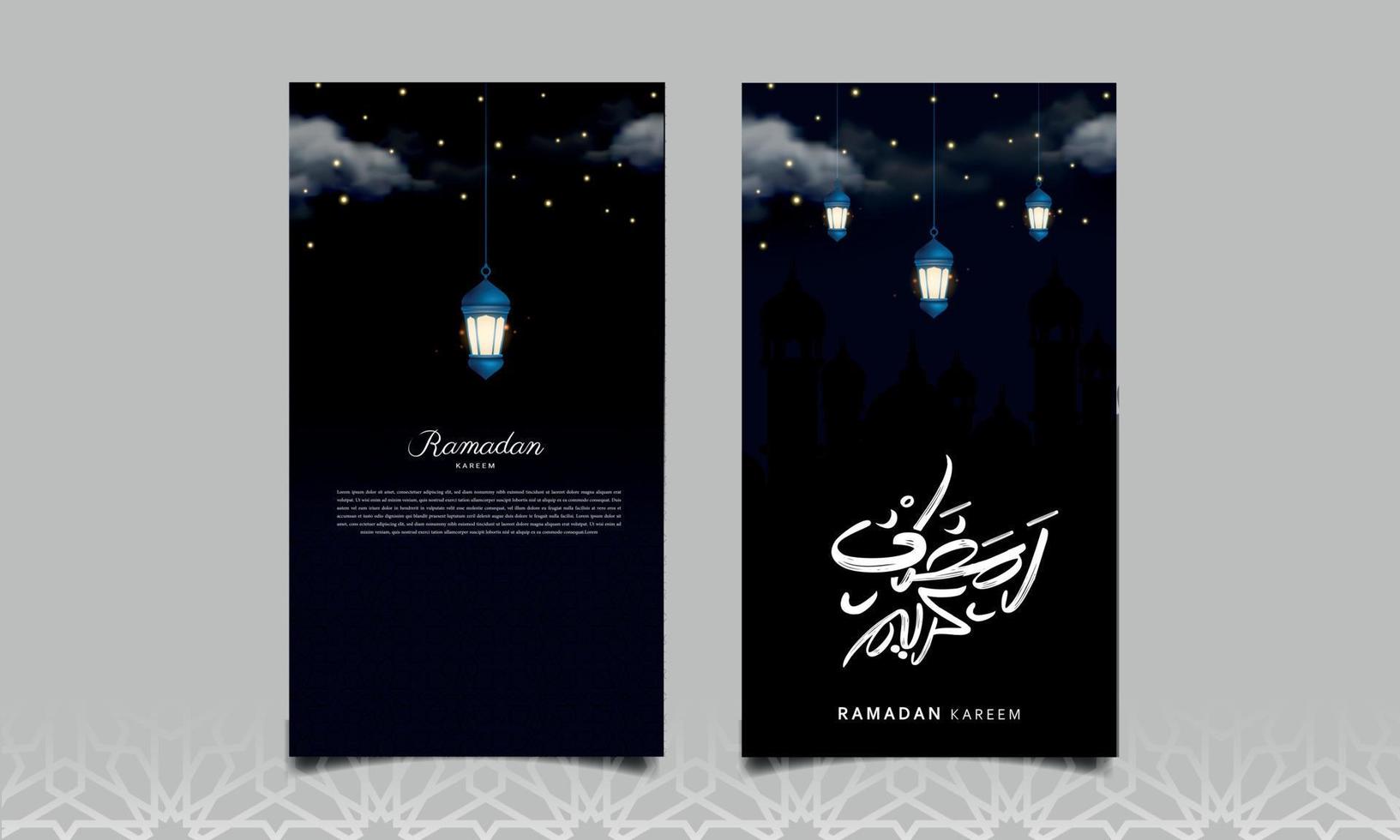 ramadan kareem kalligrafi, hälsning kort, islamic lyktor design vektor