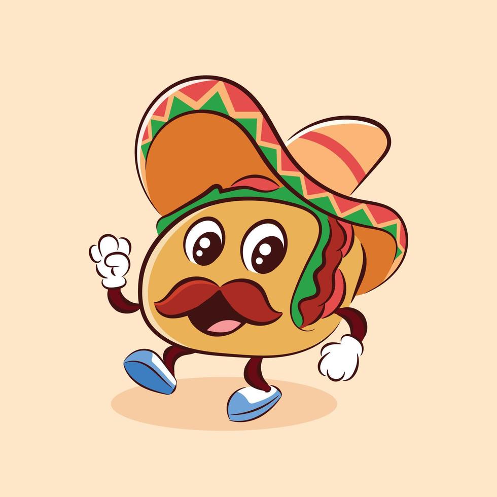 süß Mexikaner Taco Karikatur Charakter Vektor Illustration mit Hut. Mexikaner traditionell Straße Lebensmittel. schnell Essen Maskottchen. Mexikaner Essen Karikatur Stil.