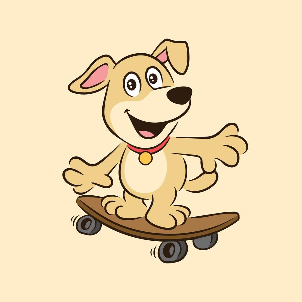 fri söt hund tecknad serie karaktär vektor illustration med skateboard. Lycklig hund maskot logotyp