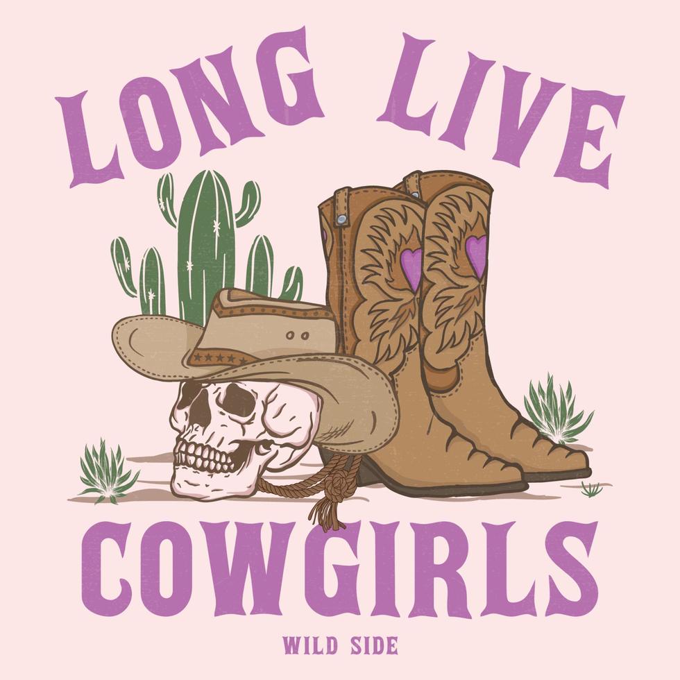 årgång cowgirls öken- vektor illustration stövlar och hatt. design av vild sida. cowgirl stövlar med Västra hatt och rep.