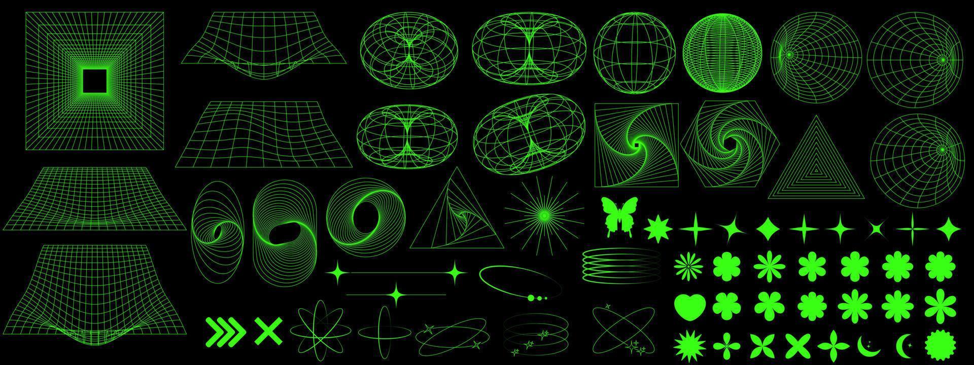 3d Drahtmodell geometrisch Formen. Cyberpunk Elemente im retro futuristisch y2k Stil. vektor