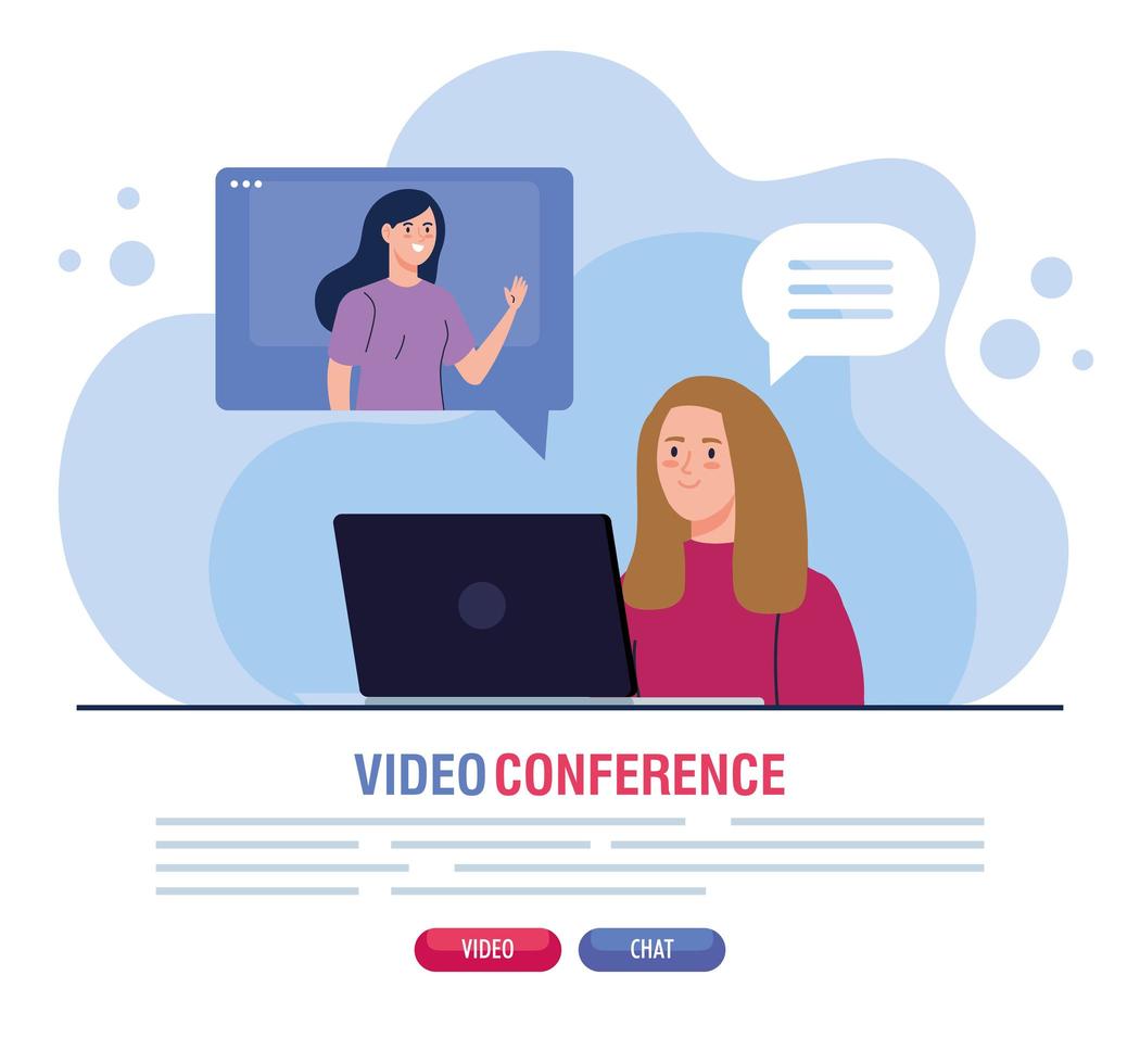 unga kvinnor i en videokonferens via bärbar dator vektor