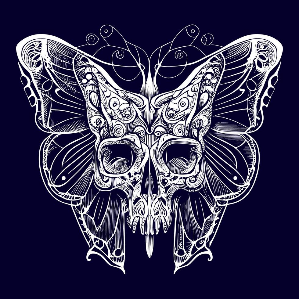 en skalle med delikat fjäril vingar, representerar omvandling och de flyktig natur av liv. en fusion av skönhet och död vektor