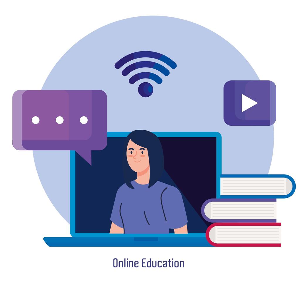 Online-Bildungstechnologie mit Frau und Laptop vektor
