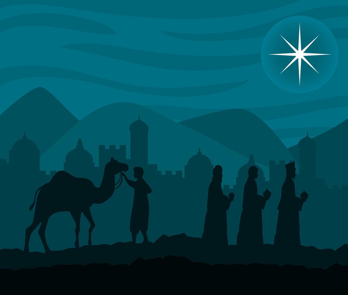 god jul och julkrubba med de tre magierna och kamelerna vektor