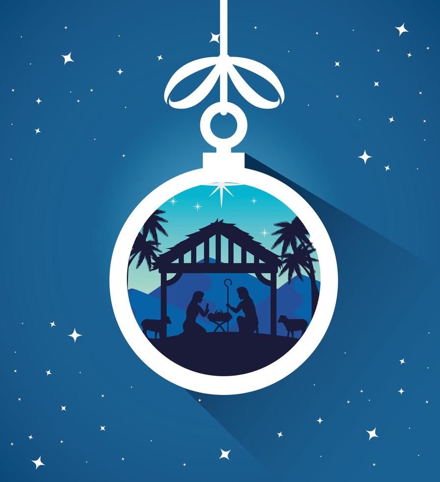 Frohe Weihnachten und Krippe mit Mary, Joseph und Baby Jesus Ornament vektor