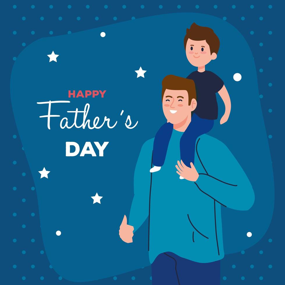 lycklig fäder dag gratulationskort med pappa som bär sin son vektor