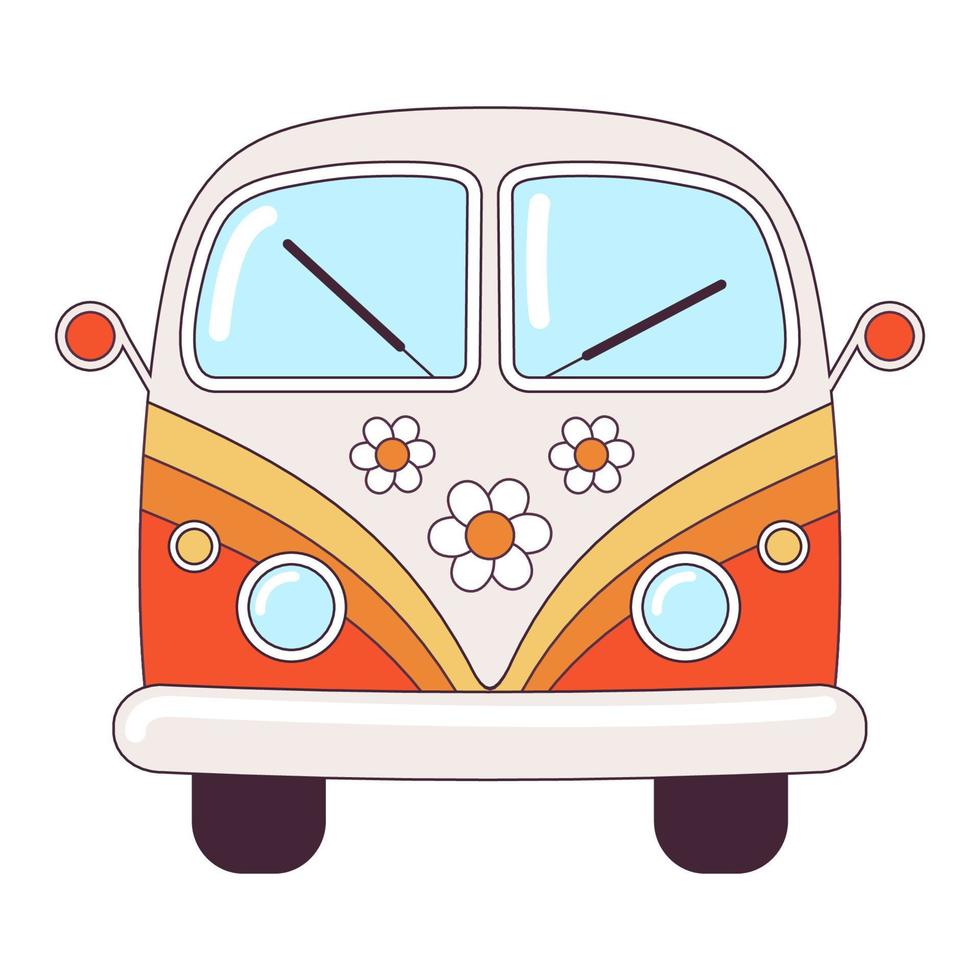Hippie Jahrgang Orange Auto ein Mini van retro Bus 1960er, 60er, 70er. groovig psychedelisch Karikatur Element - - funky Illustration im Hippie Stil. eben Vektor Illustration isoliert auf das Weiß Hintergrund.