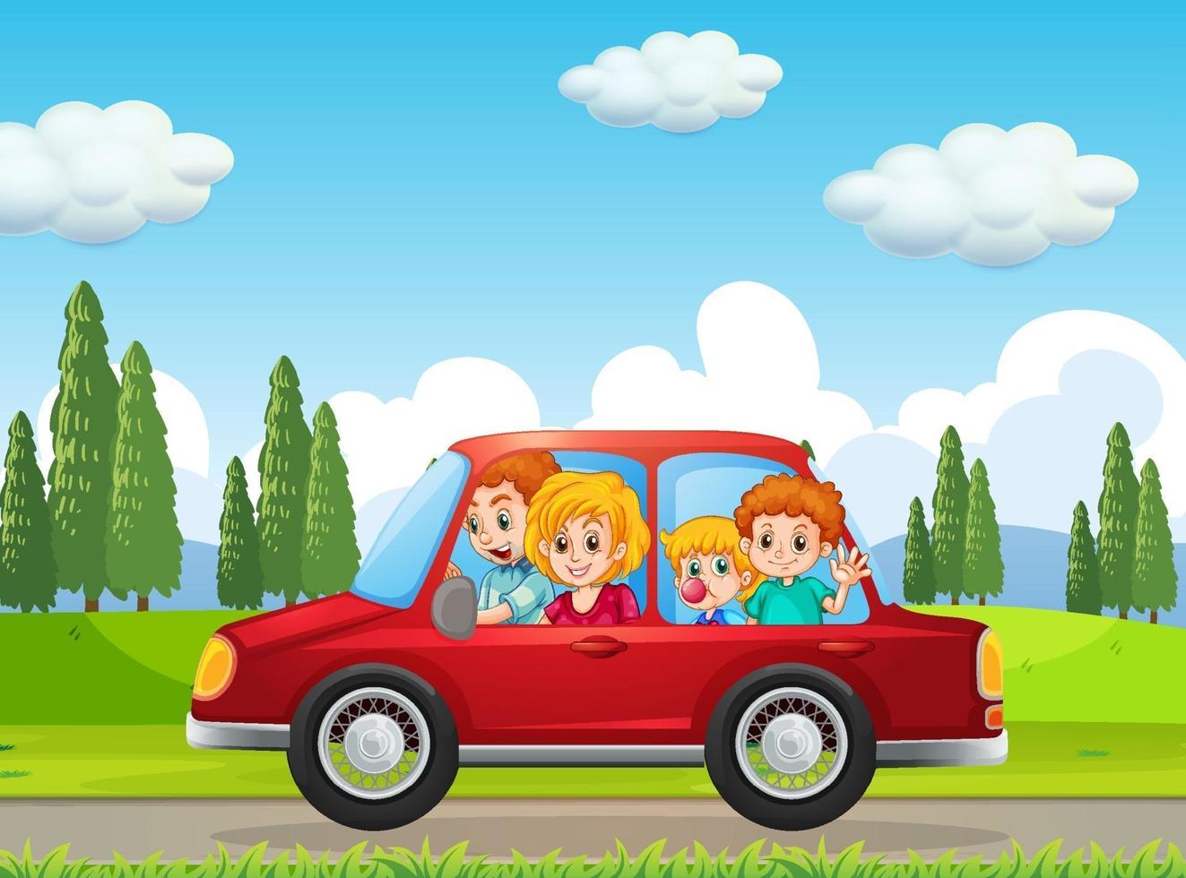 lycklig familj som reser i naturscenen med röd bil vektor