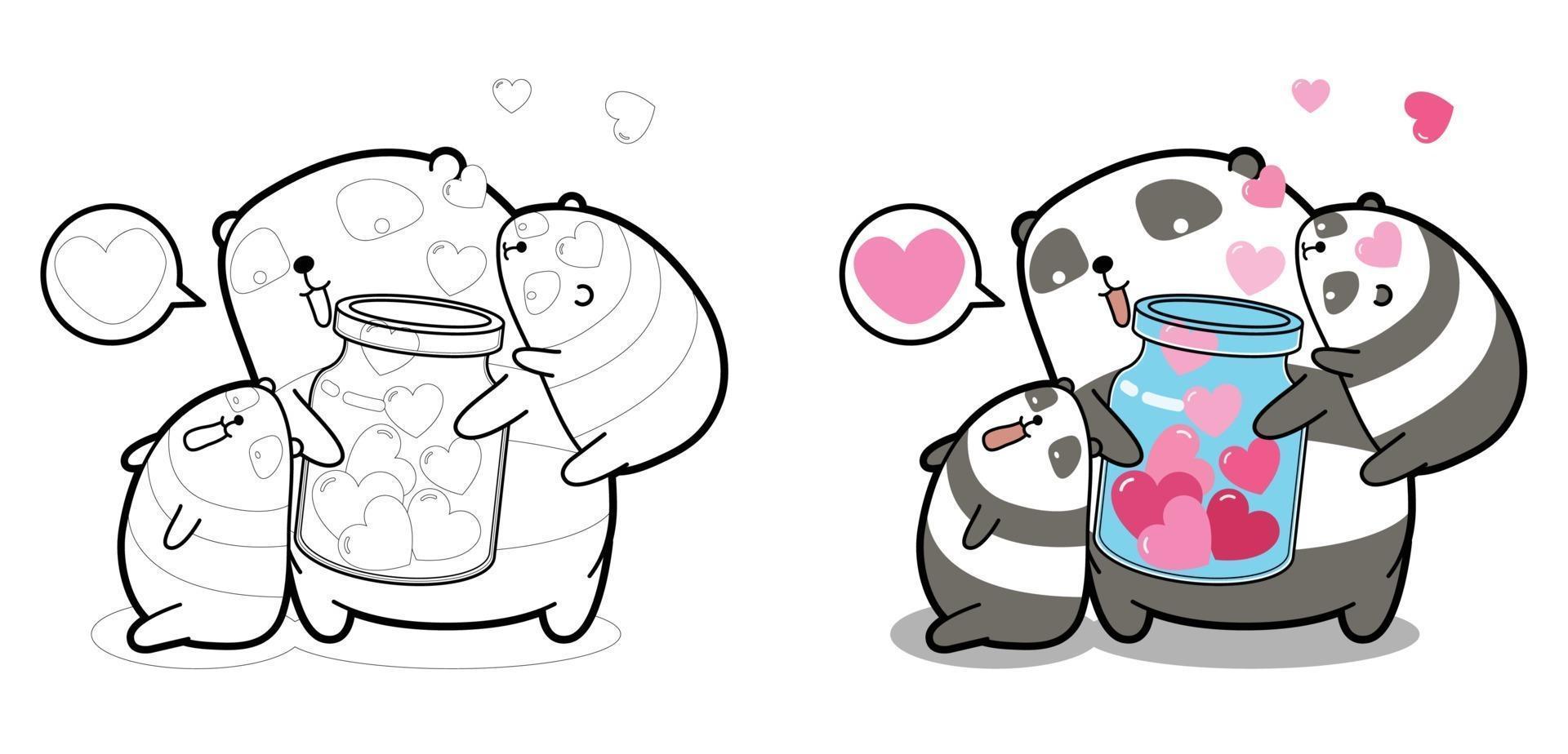 pandor och hjärtan i flaska för alla hjärtans dag tecknad målarbok för barn vektor