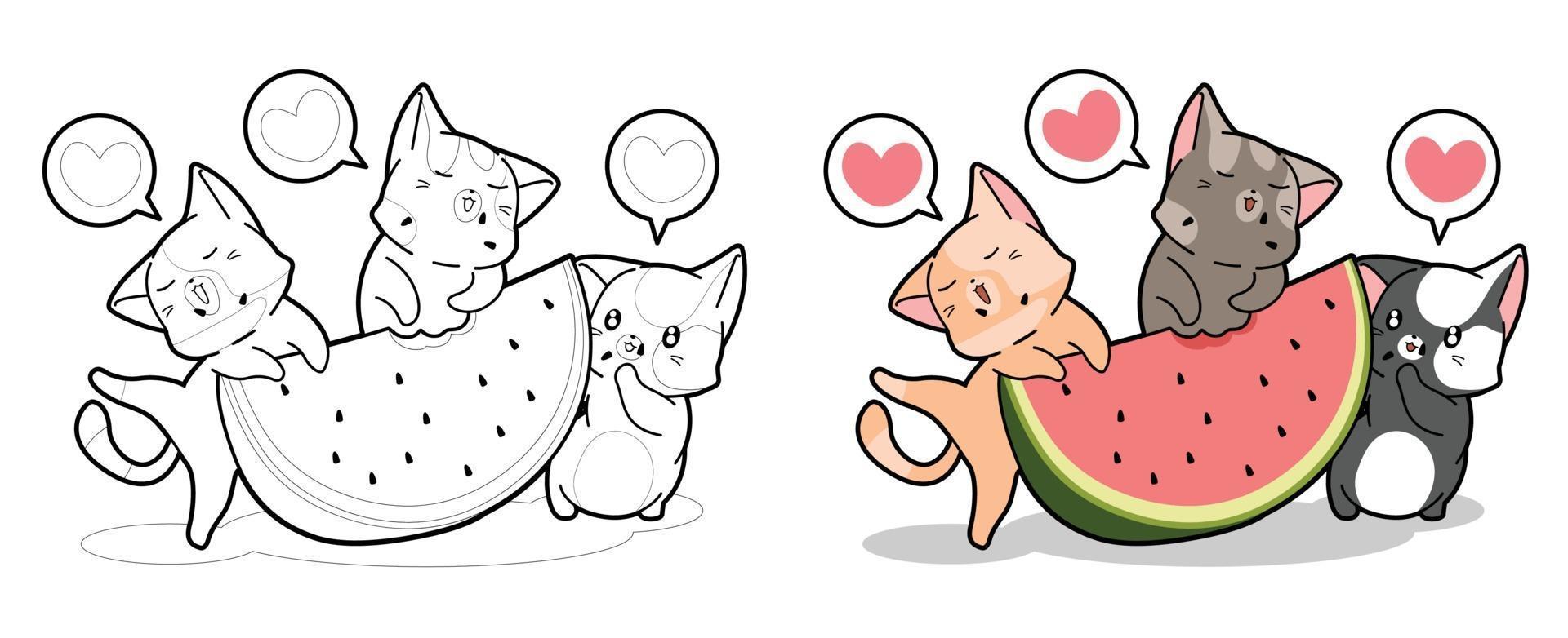 härliga katter äter vattenmelon tecknad målarbok vektor