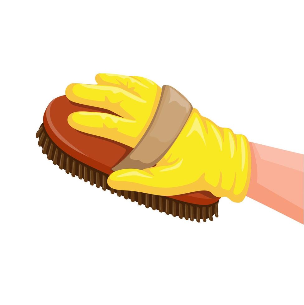 hand ha på sig latex handske innehav borsta för grooming häst eller rengöring smuts symbol tecknad serie illustration vektor