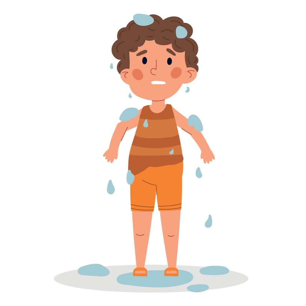 våt regnig barn. pojke i dålig väder våt. tecknad serie vektor illustration