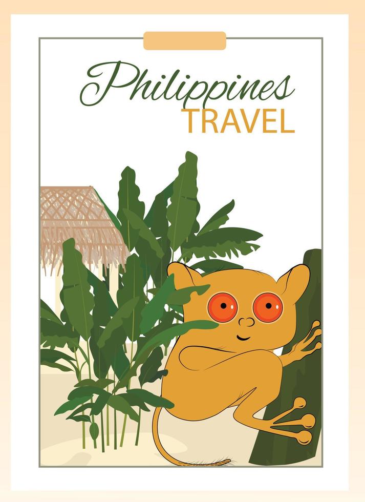 filippinerna. flygblad design handflatan träd och en söt långstjärtad djur. resa, turism, äventyr, resa begrepp. vektor illustration. baner, omslag, flygblad mall.