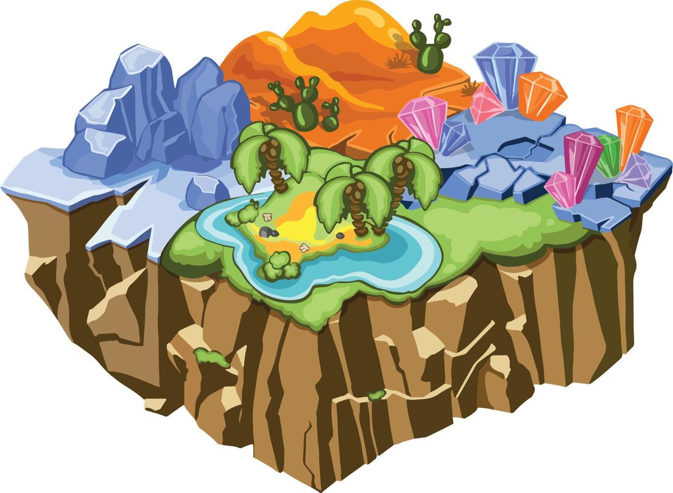tropisk naturlig landskap isometrisk spel mall, berg, vulkaner, vattenfall. vektor illustration