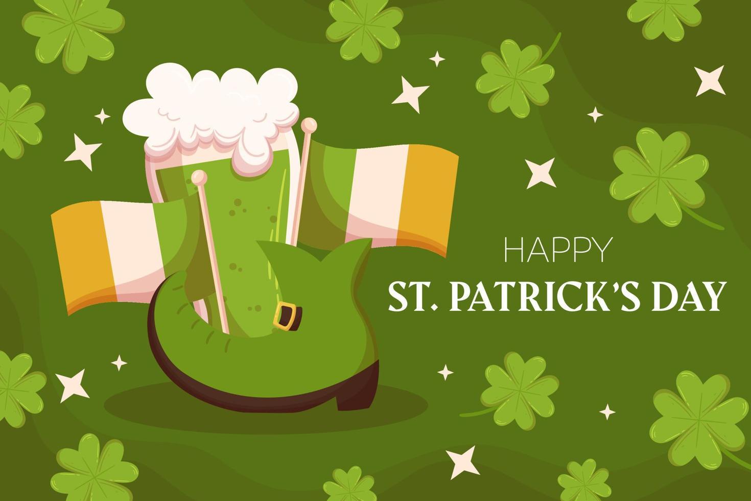 St Patrick's dag Semester bakgrund design med grön pyssling känga, irländsk flagga och glas med grön öl. begrepp med vitklöver på de tillbaka. vektor
