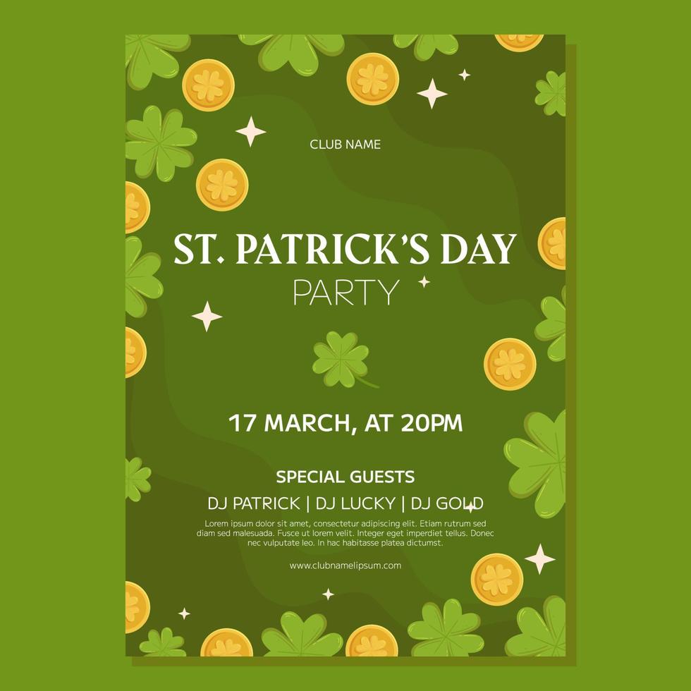 St Patrick's Tag Urlaub Party Poster Vorlage Design. Grün vierblättrig Kleeblatt oder Kleeblatt und Gold Münzen. Veranstaltung Einladung zum Verein und Kneipe vektor