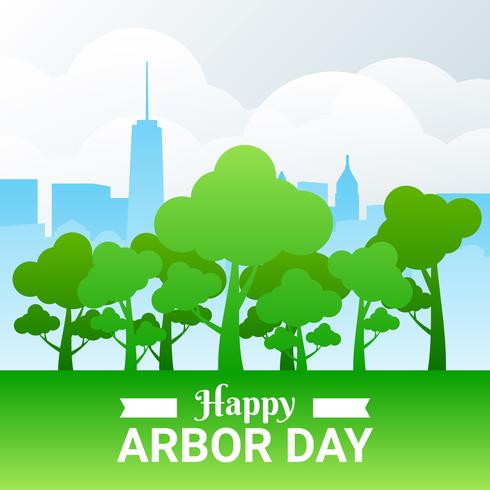 Arbor Day Illustration mit Wald und Stadt über Wolken Hintergrund vektor