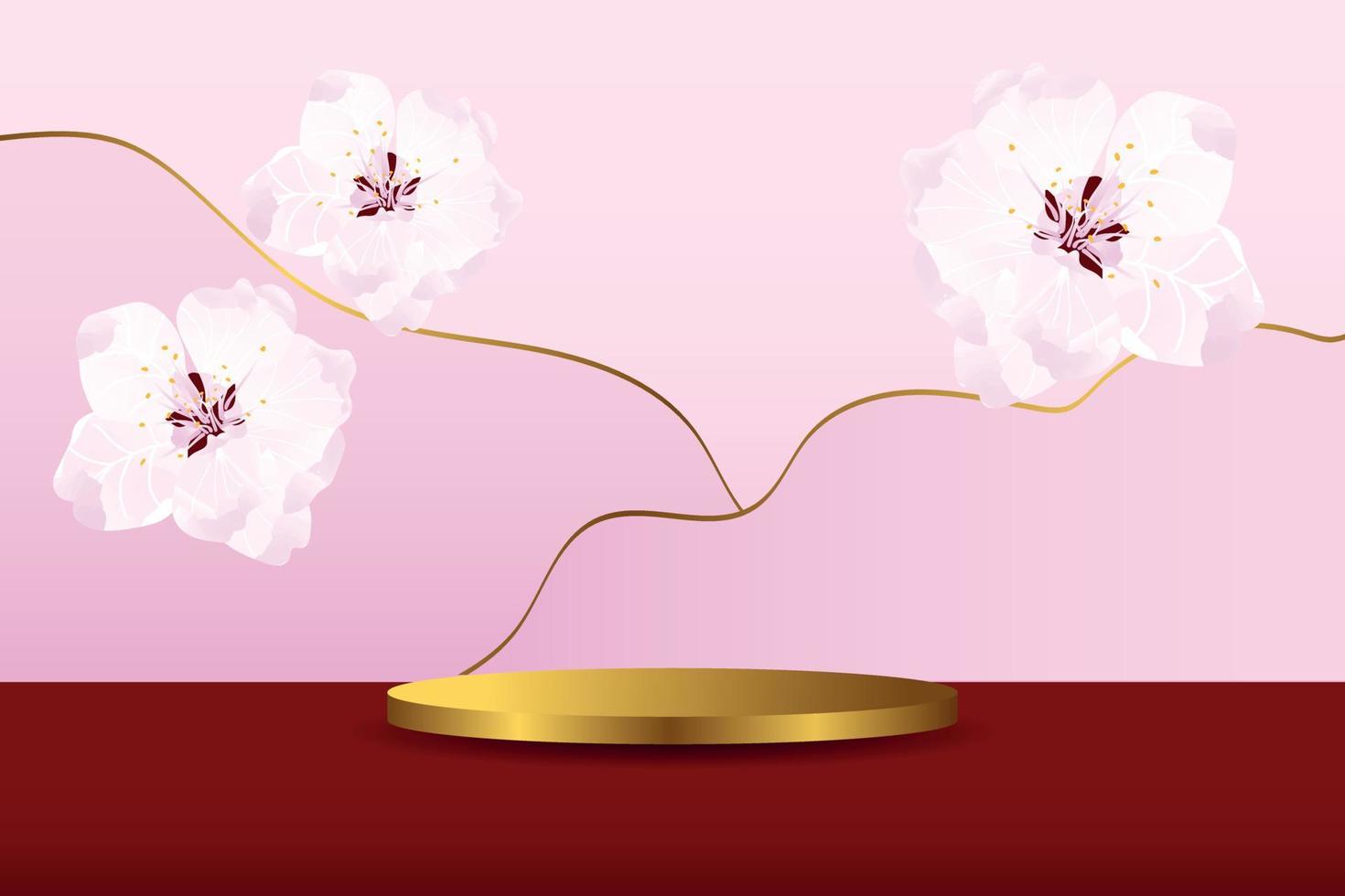 gyllene 3d podium med körsbär blommar på de bakgrund. vår bakgrund för mors dag, kvinnors dag. scen för kosmetisk produkt demonstration. vektor illustration