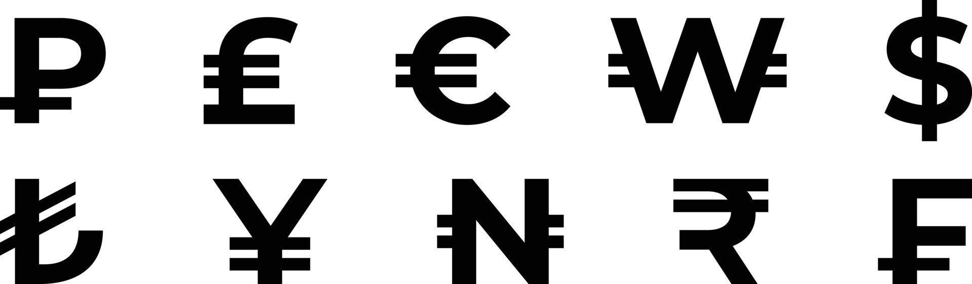 dollar, euro, yen, pund, franc, turkiska lire, vann, rubel, rupee och nigerian naira Land valuta symboler vektor