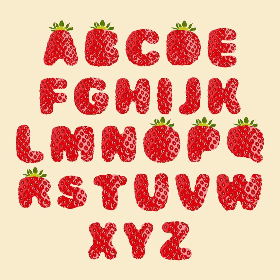 font med jordgubb textur. söt engelsk alfabet med brev i de form av mogen röd jordgubbar. tecknad serie bär barns font. vektor illustration.