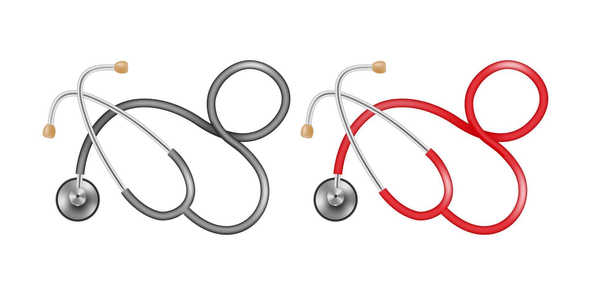 zwei Stethoskope mit schwarz und rot Röhren auf ein Weiß Hintergrund. medizinisch Gerät zum Hören zu das Herz, Atmung, Impuls, Druck Messung. Vektor Illustration.