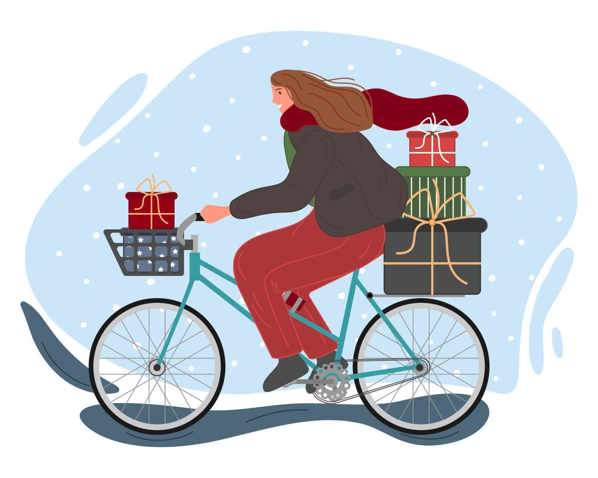 Weihnachten und glücklich Neu Jahr Winter Ferien Konzept. das Mädchen Fahrten Fahrrad mit Geschenke. Vektor Illustration