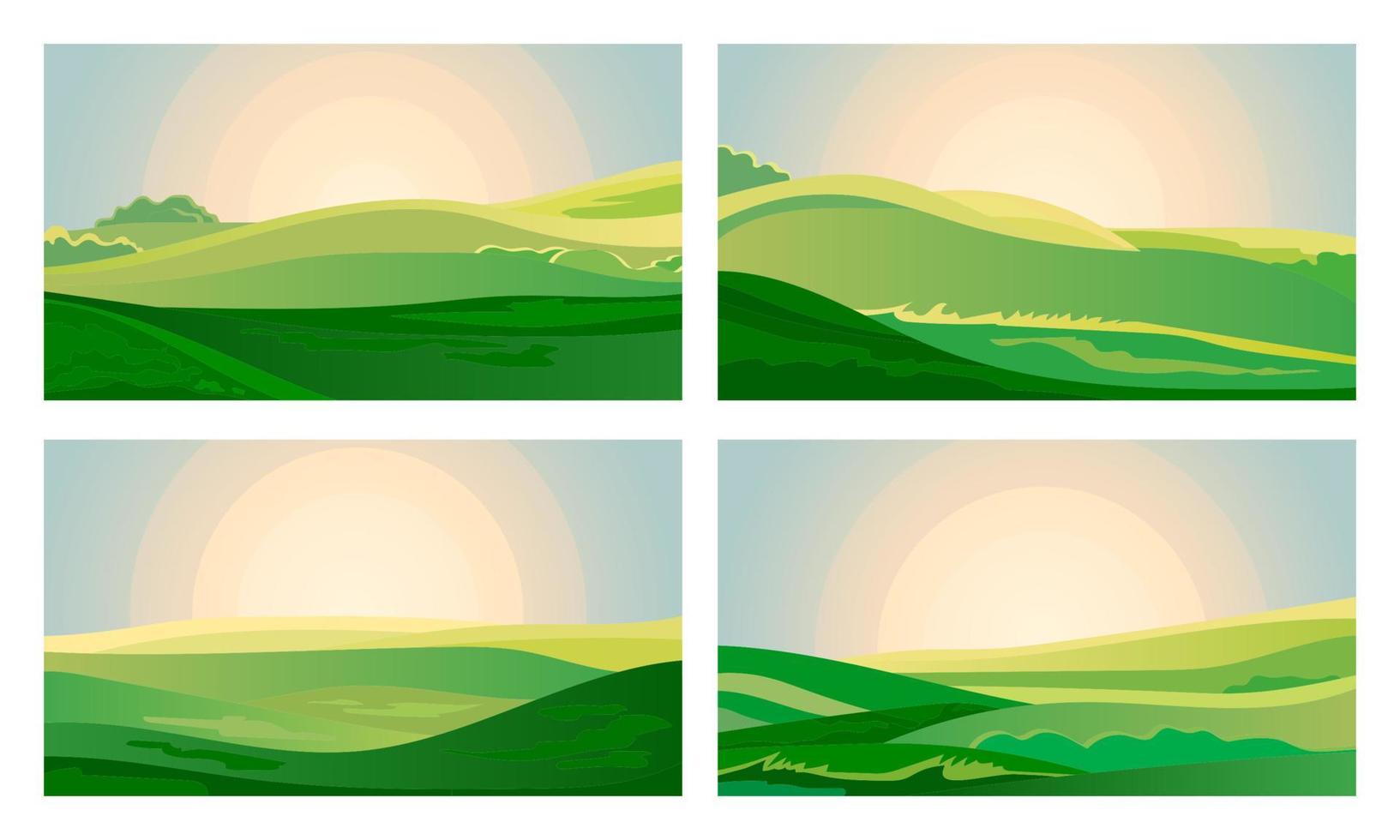sommar grön landskap fält gryning ovan kullar med gräs. soluppgång i landsbygden. tecknad serie eco bruka parkera. vektor illustration natur bakgrund
