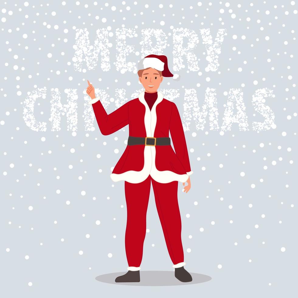 glücklicher mann, der in weihnachtsmannkleidung auf schneehintergrund trägt frohes weihnachtskonzept. Vektor-Illustration vektor