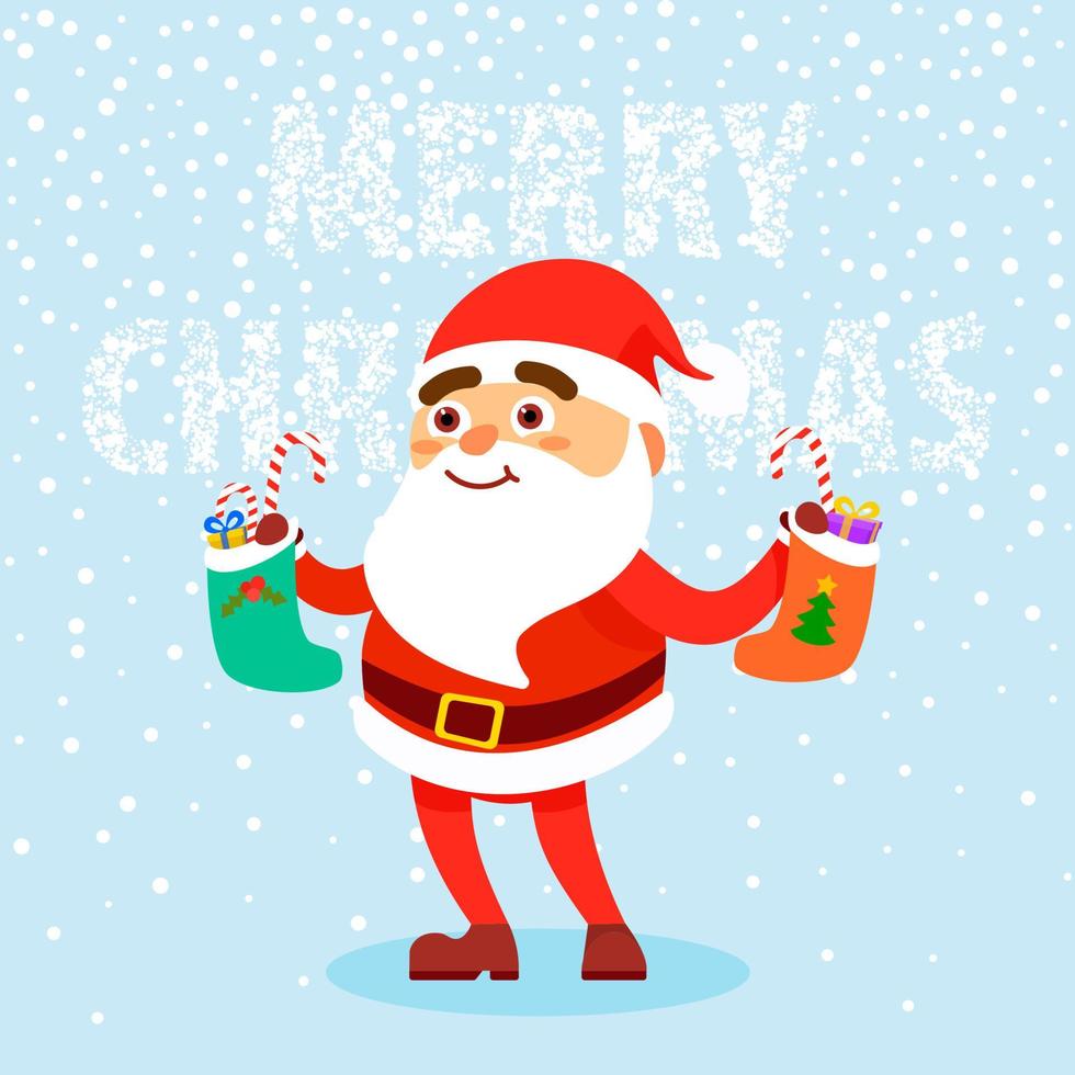 glücklich Mann tragen im Santa claus Kleider mit Geschenke auf Schnee Hintergrund fröhlich Weihnachten Konzept. Vektor Illustration im eben Stil