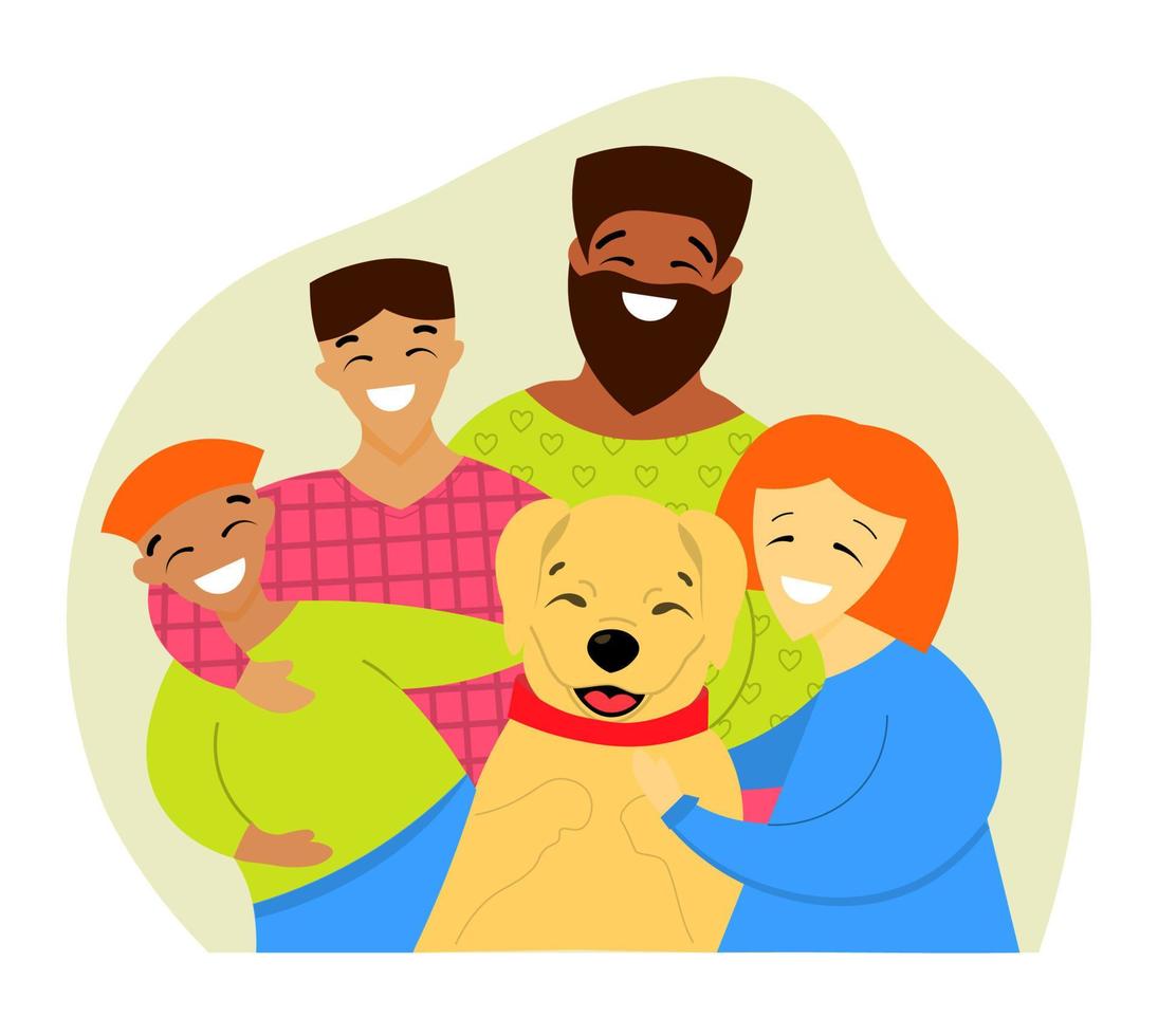 glücklich Familie spielen und umarmen mit ein Hund. aktiv Ferien mit Haustiere. Mode Vektor Illustration im eben Stil. gemischt Familie.