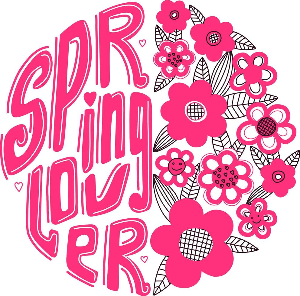 vår älskare. vår hälsning design. för utskrift på en t-shirt, vykort, affisch för en flicka med blommor. ljus rosa Färg. hallon blommor.rund inspirera Citat design. vektor