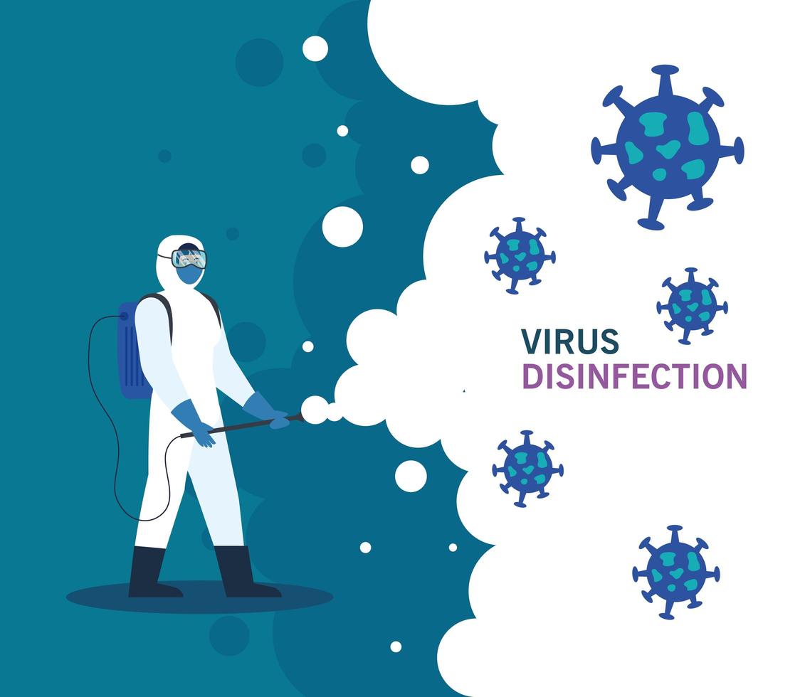Person mit Schutzanzug zur Desinfektion von Coronavirus vektor