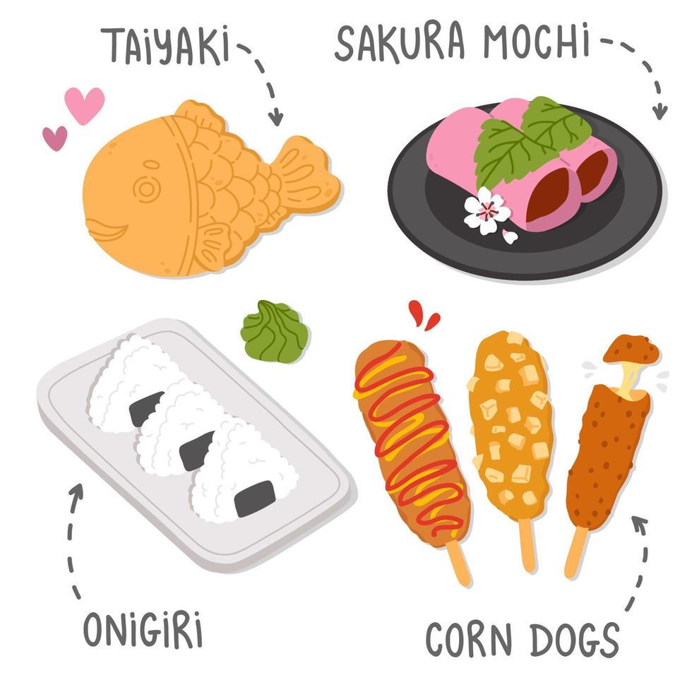 einstellen von süß Gekritzel asiatisch Essen Sakura Mochi, Taiyaki, Mais Hunde, Onigiri vektor