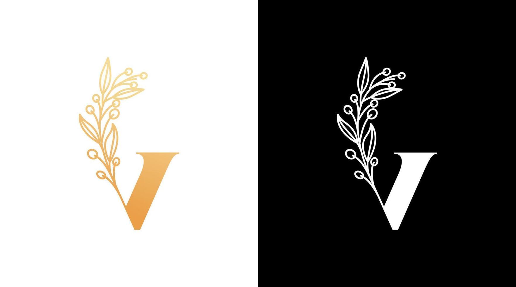 brev v och blomma elegant logotyp design första vektor monogram ikon stil mall